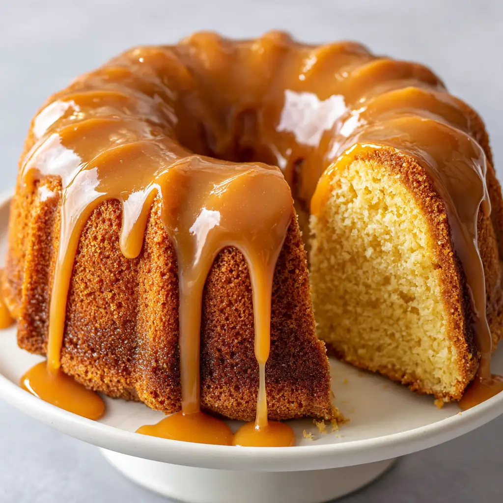 A slice of Brown Sugar Caramel Pound Cake cut to show the dense buttery yellow crumb, with thick caramel icing pooling slightly on the plate.