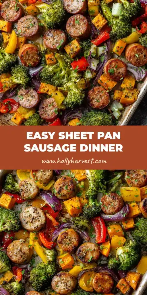 Overhead view of a cooked Chicken Sausage Sheet Pan featuring caramelized sausage coins, roasted sweet potatoes, and blistered bell peppers.