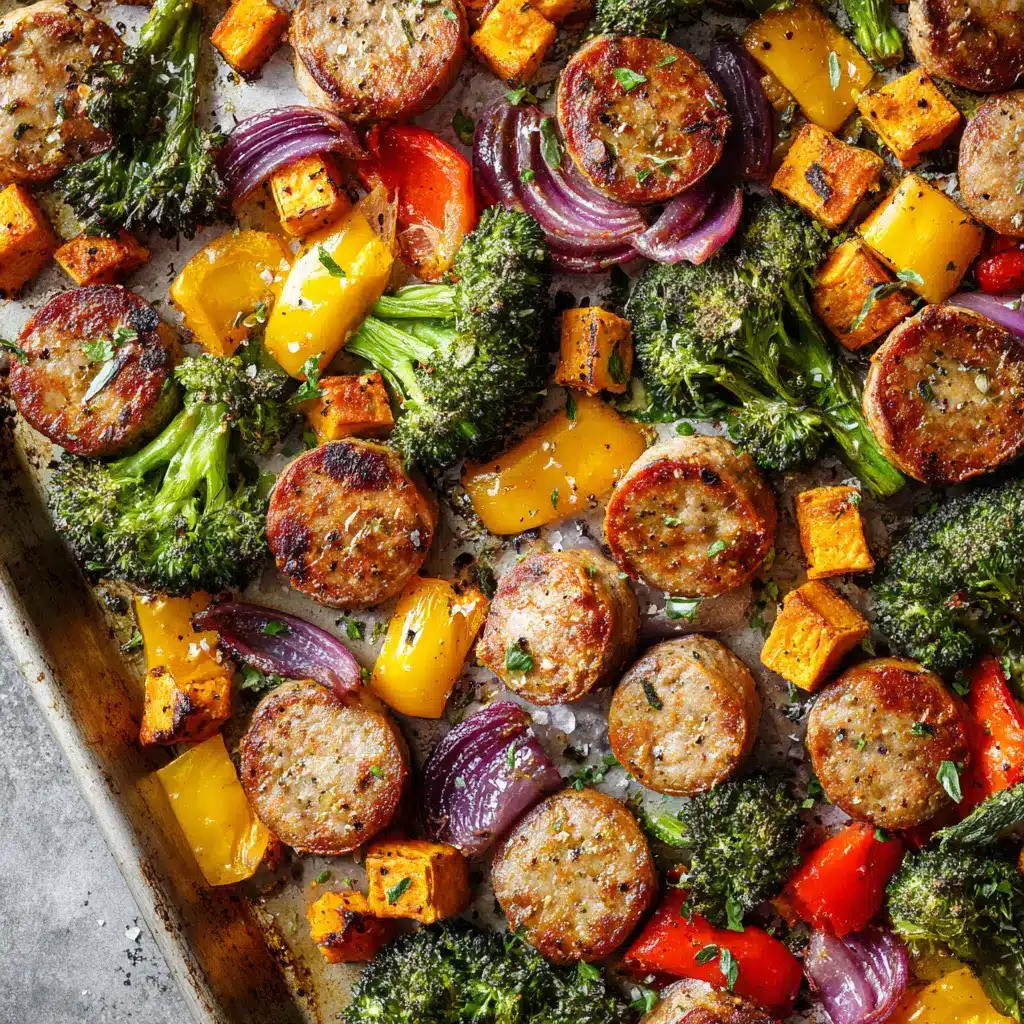 Close-up of freshly baked Chicken Sausage Sheet Pan with a light oil coating, generous herb flakes, and cracked black pepper.