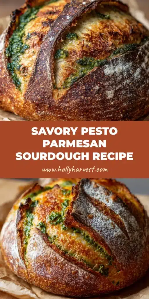 A rustic artisan Pesto Parmesan Sourdough boule with vibrant green pesto swirls, melted crispy cheese crust, and prominent scoring resting on crinkled brown parchment paper.