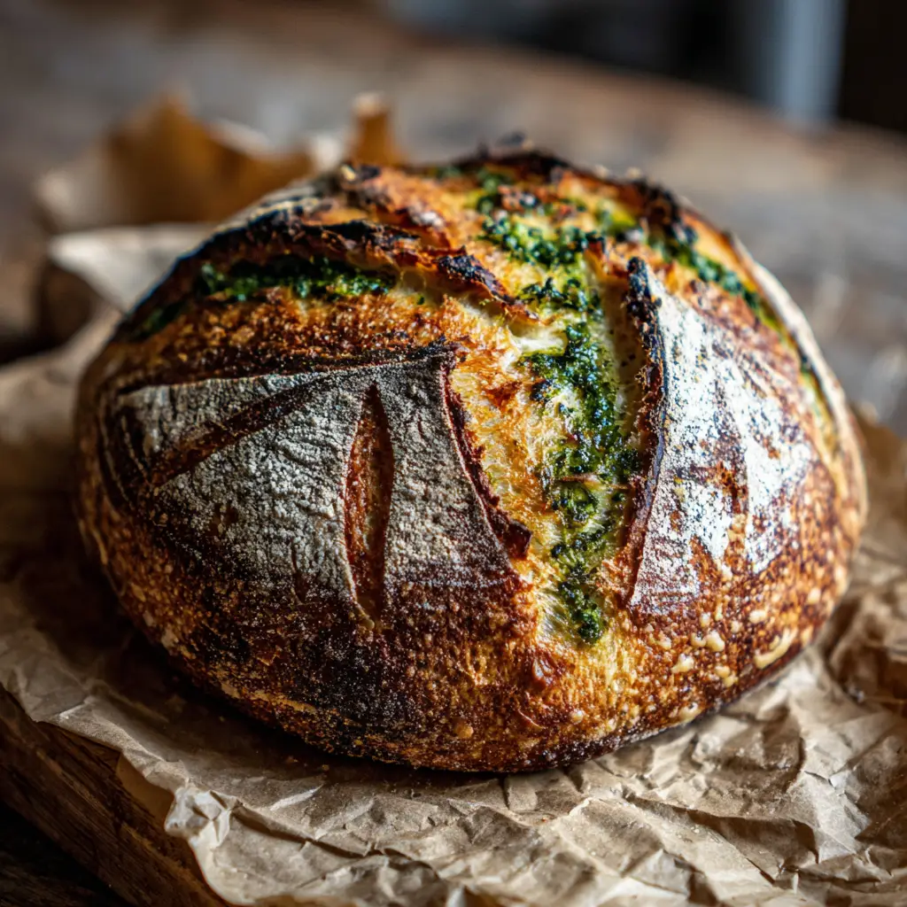 A round artisan sourdough boule showing deep scoring, a blistered crust, and melted crispy patches of roasted parmesan cheese.
