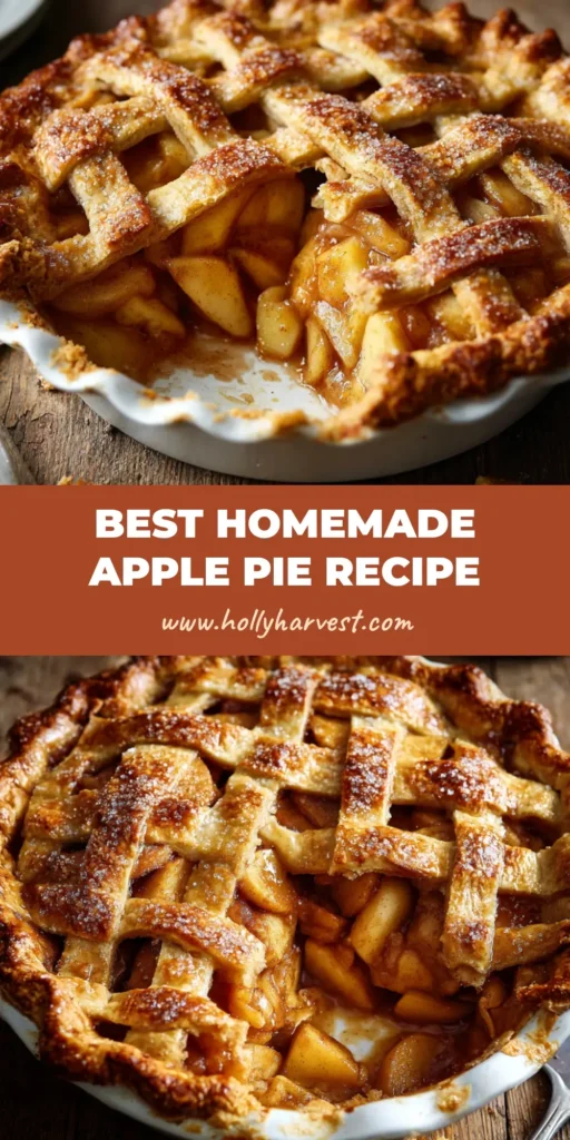 A freshly baked classic homemade apple pie recipe in a white ceramic pie dish sitting on a rustic wooden table with coarse sparkling sugar.