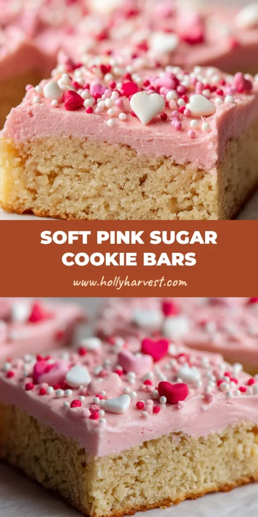 A close-up of a thick, soft-baked sugar cookie bar cut into a neat square, topped with pastel pink buttercream and candy heart sprinkles.