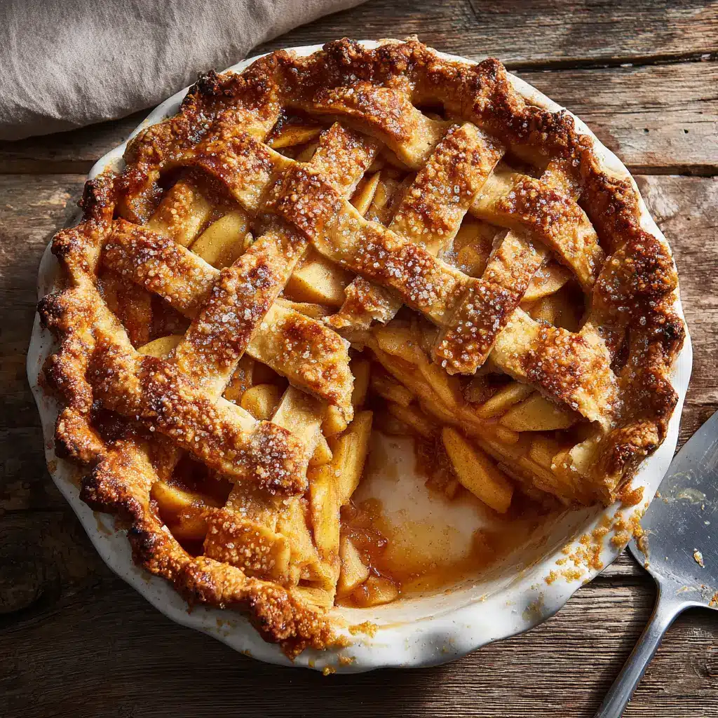 Close up of a bubbling rich amber-colored spiced apple filling inside a homemade apple pie recipe.