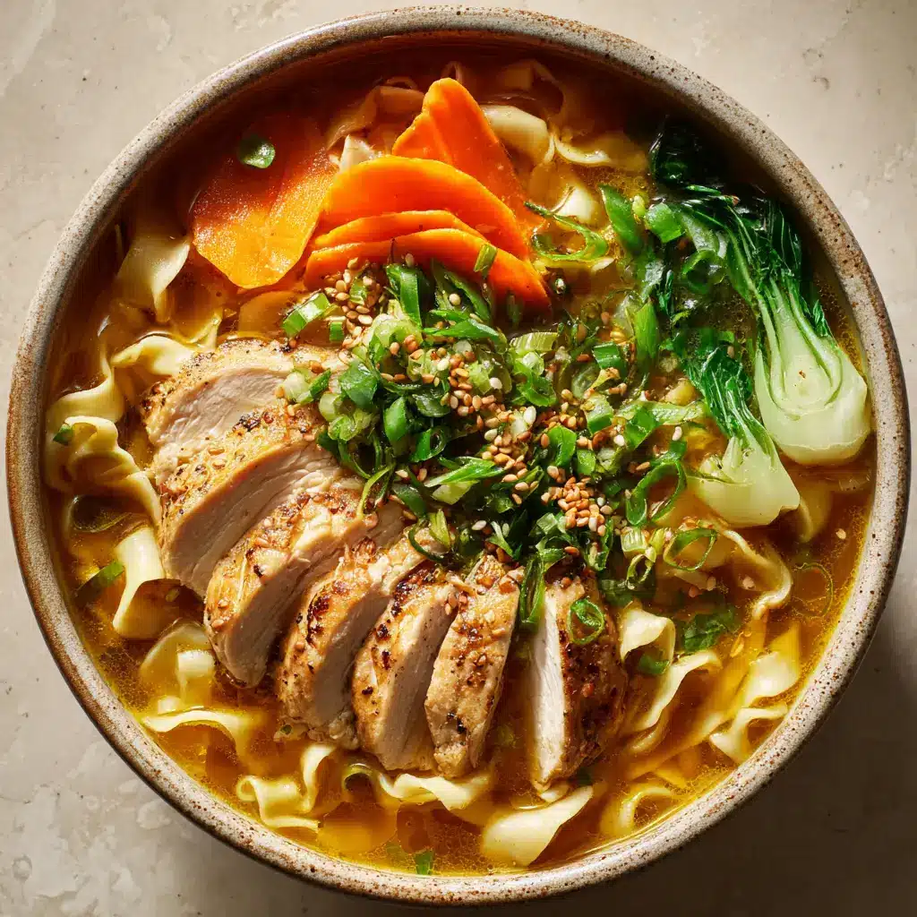 Close up of tender poached chicken breast slices, wavy egg noodles, and julienned ginger in a savory chicken broth.