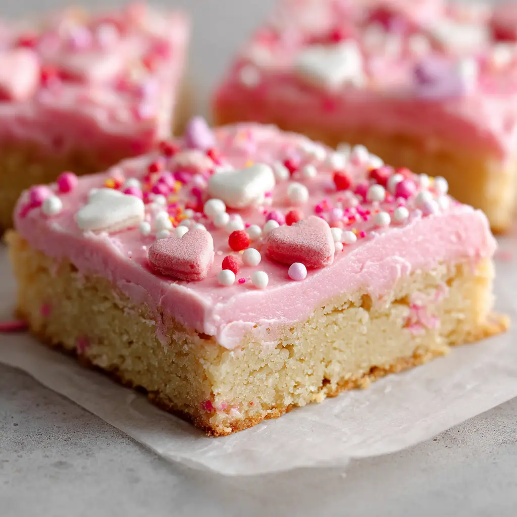 Dense pale golden-blonde baked cookie base layer in an 8x8 pan, ready for thick pink buttercream frosting.