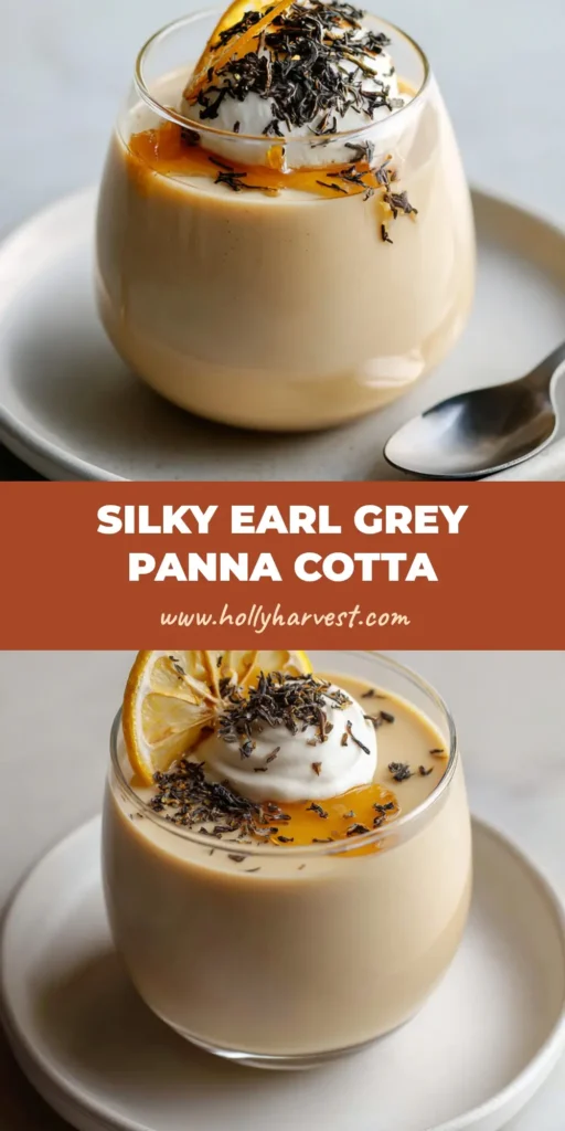 A close-up shot of an elegant pale tan Earl Grey panna cotta served in a clear curved glass cup with honey drizzle, whipped cream, and a dried lemon slice.