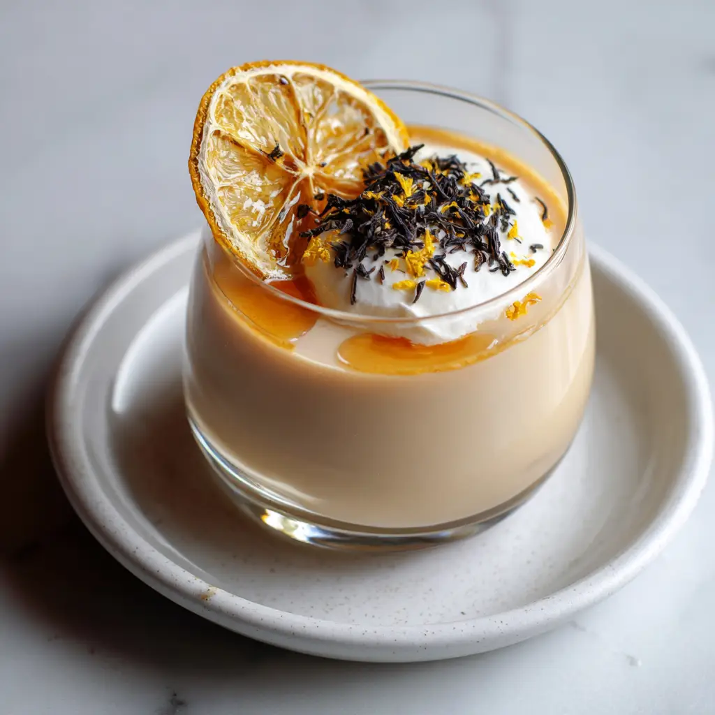 A smooth, fully set pale tan panna cotta base resting on a simple white ceramic saucer in natural lighting.