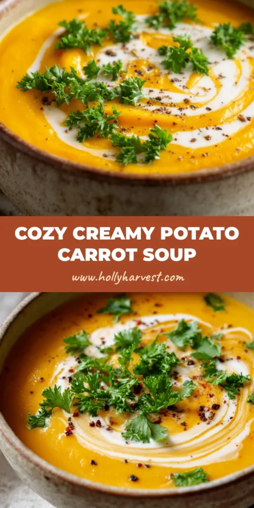 Creamy Potato Carrot Soup 3 A close-up shot of a rustic ceramic bowl filled with a smooth, velvety, vibrant orange-yellow creamy potato and carrot soup.