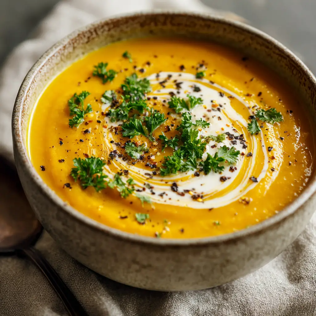 Creamy Potato Carrot Soup 1 Smooth, vibrant orange-yellow pureed carrot potato soup in a rustic bowl with a heavy cream swirl.