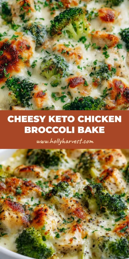 A close-up overhead shot of a bubbling Keto Chicken Alfredo Broccoli Bake in a white ceramic dish, topped with golden melted mozzarella and fresh green parsley.