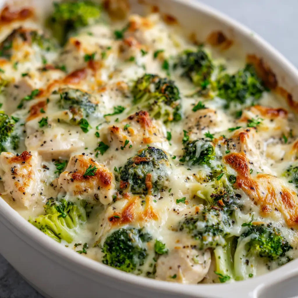 A close-up shot of a baked chicken and broccoli casserole in a white ceramic baking dish with thick glossy white Alfredo sauce.