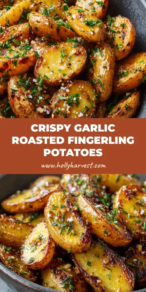 A close-up shot of halved Roasted Fingerling Potatoes cooked to a golden brown with blistered, crispy edges in a rustic bowl.