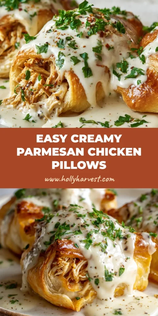 A close-up view of baked golden-brown flaky Chicken Pillows smothered in creamy Parmesan sauce.