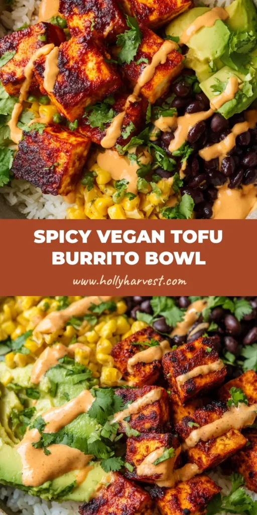 A close-up overhead shot of a spicy baked tofu burrito bowl in a rustic matte ceramic bowl with rice, black beans, roasted corn, and thick light orange creamy chipotle sauce.