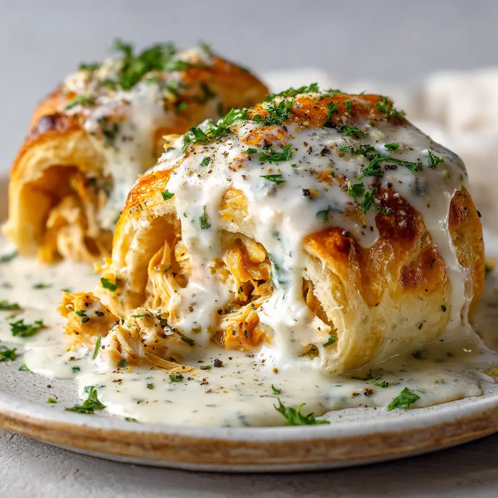 Chicken Pillows resting on a rustic white ceramic plate, smothered in velvety white sauce with parsley and black pepper garnish.