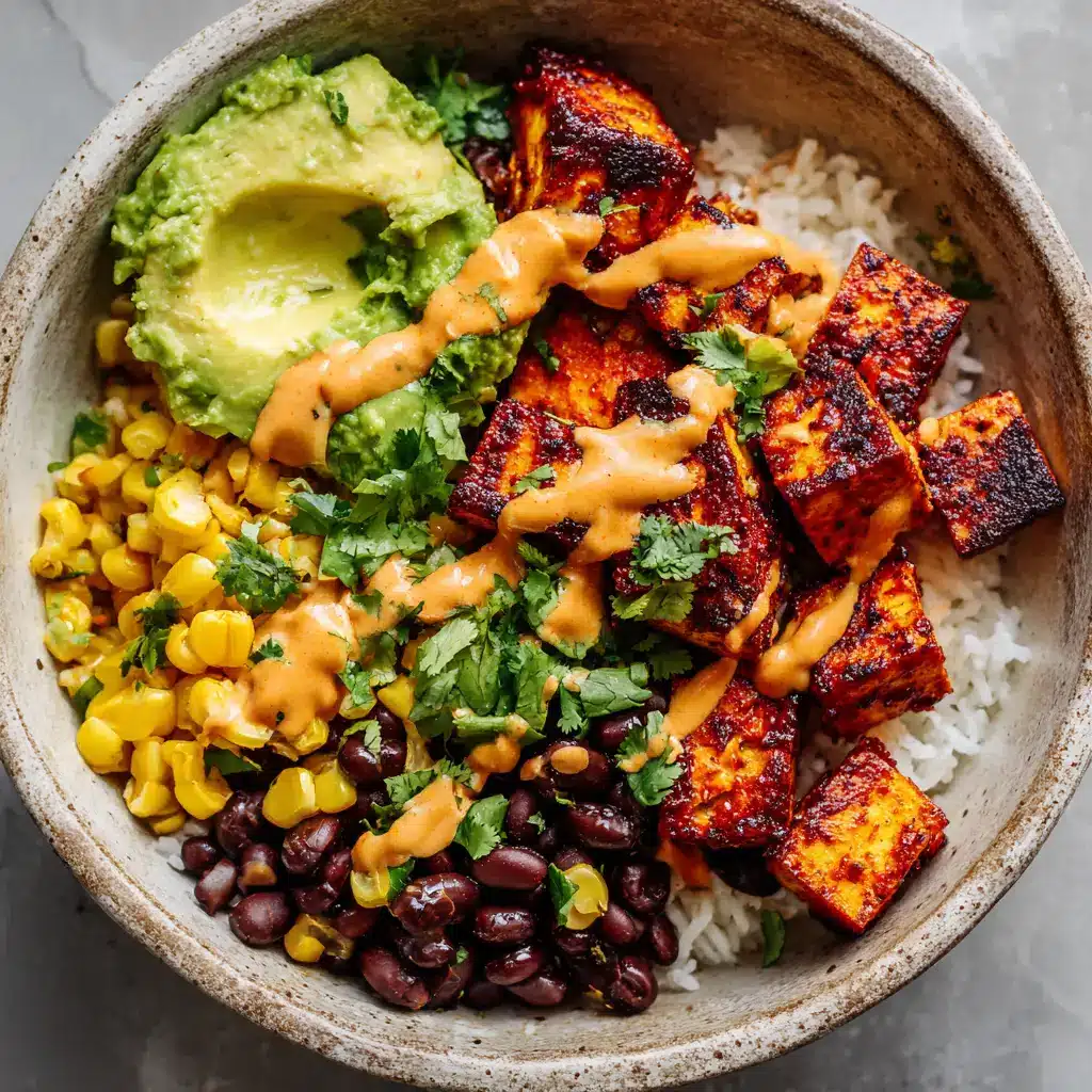 A thick, light orange creamy chipotle sauce zig-zagged across crispy baked tofu and green avocado in a rustic bowl.