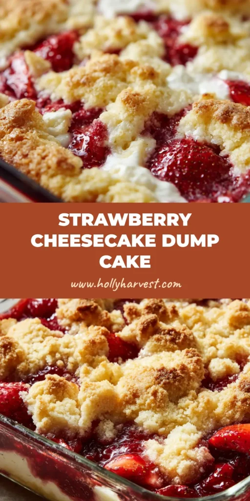 Irresistible Strawberry Cheesecake Dump Cake 3 A close-up view of a freshly baked strawberry cheesecake dump cake showing a golden-brown crumbly topping and bubbling deep red strawberry filling.