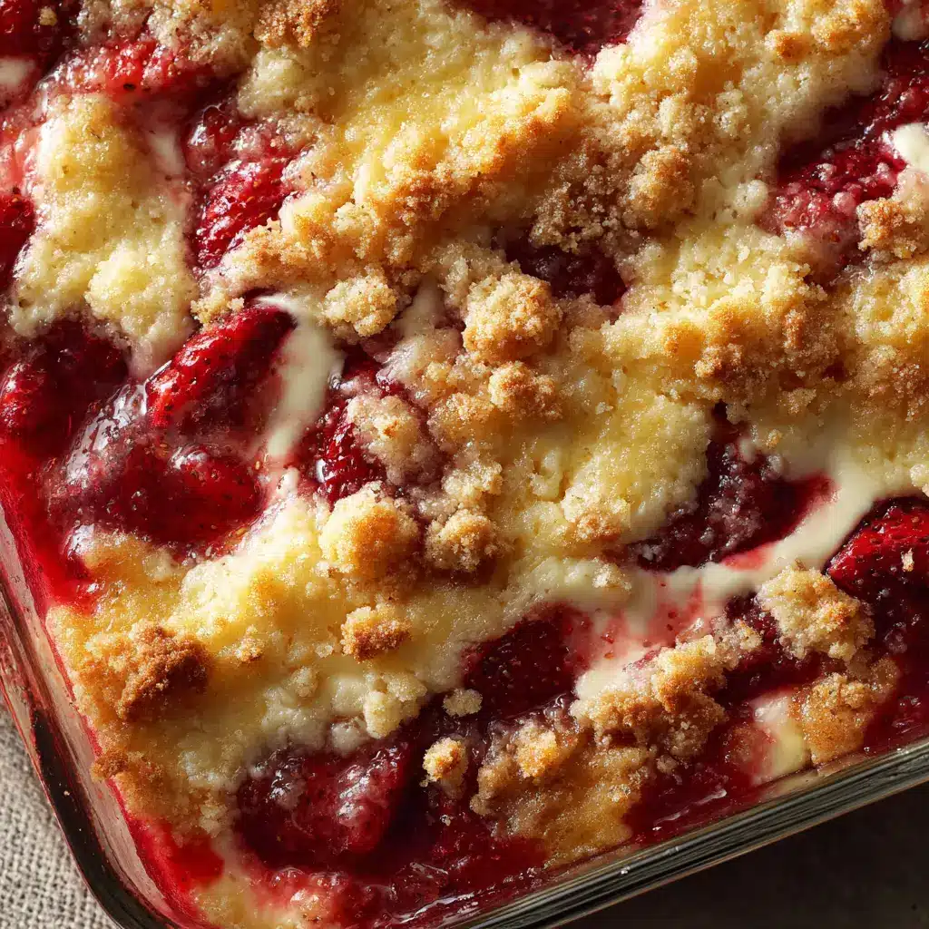 Irresistible Strawberry Cheesecake Dump Cake 2 Ingredients for Strawberry Cheesecake Dump Cake including strawberry pie filling, yellow cake mix, cream cheese, and sliced butter.