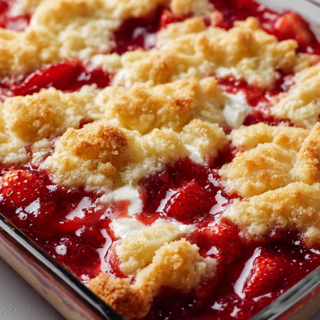 Irresistible Strawberry Cheesecake Dump Cake 1 Rectangular glass dish showing patches of smooth baked white cream cheese over a deep red strawberry pie filling base.