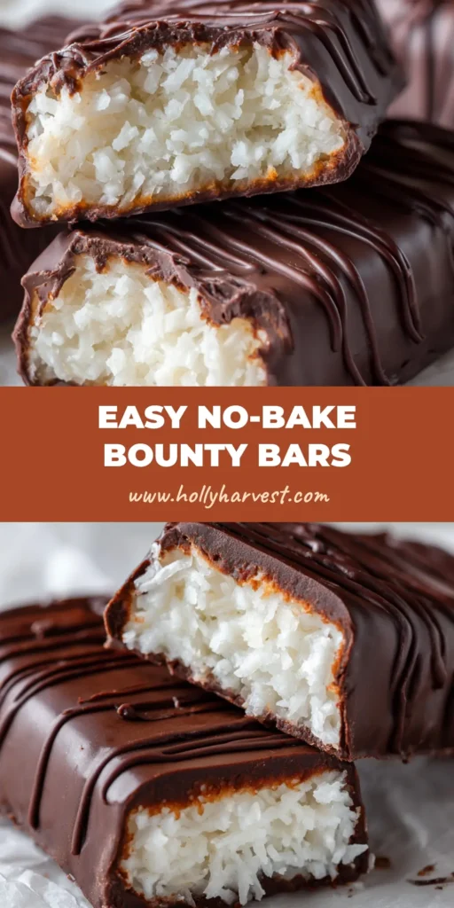 A stack of homemade bounty bars with a thick dark chocolate shell and densely packed shredded coconut filling.
