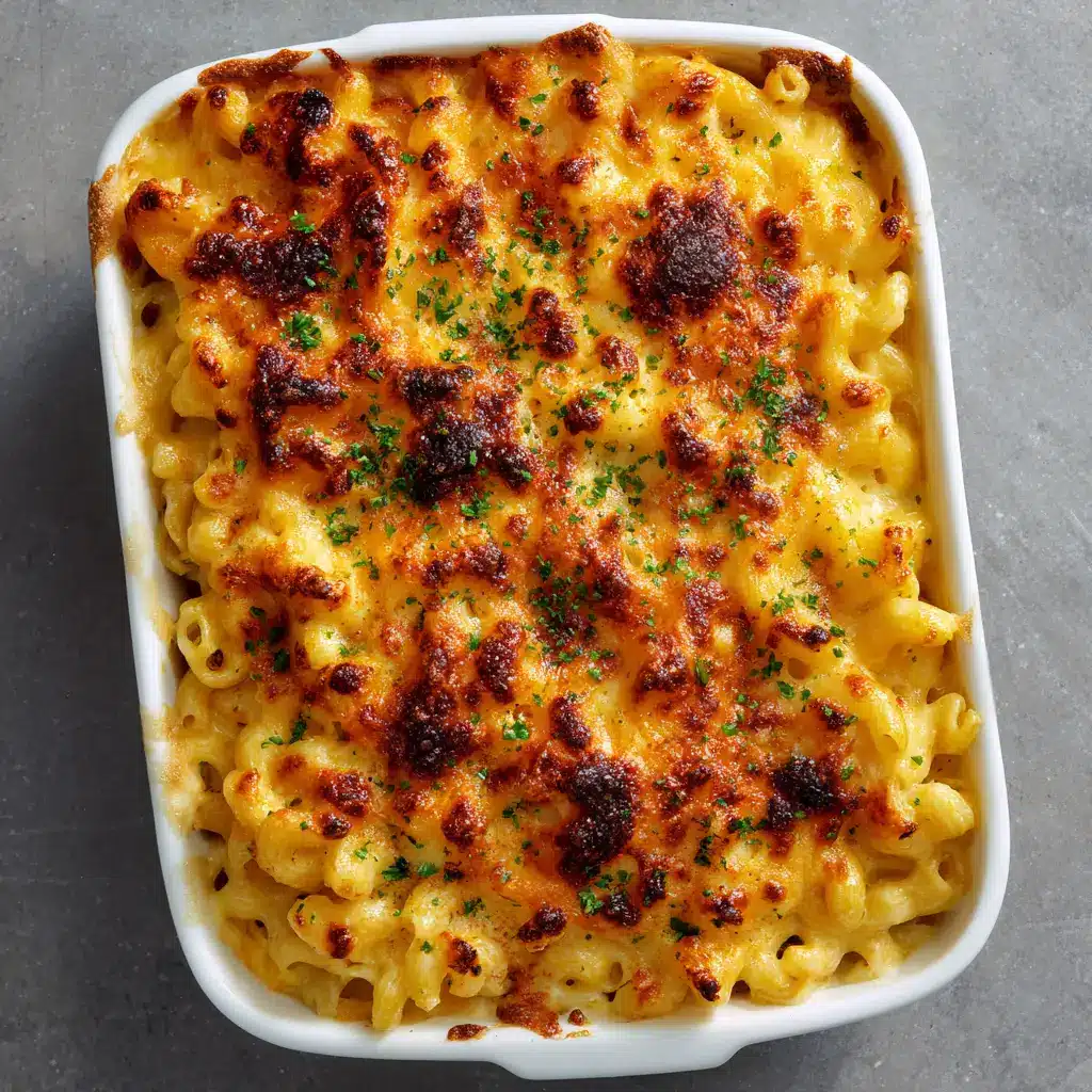 The Ultimate John Legend Mac and Cheese Recipe 1 Overhead shot of baked macaroni and cheese showing the deeply golden-brown crust with charred, crispy edges in a white ceramic dish.