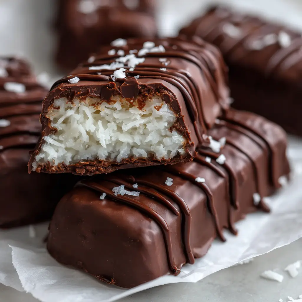 Homemade bounty bar cut in half revealing dense white coconut surrounded by a glossy dark chocolate shell, resting on white parchment paper.