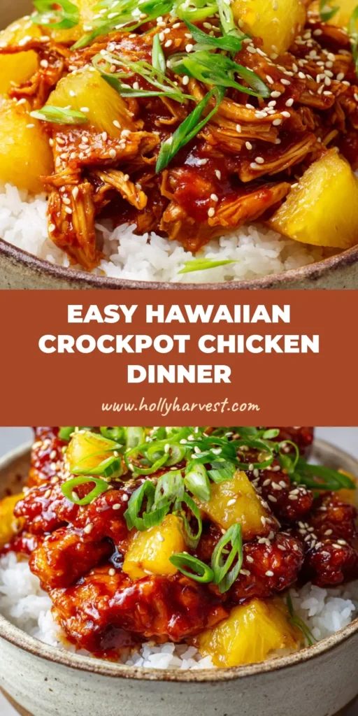 A close-up vertical shot of Sweet Hawaiian Crockpot Chicken with a thick amber glaze, served over fluffy white rice with scallions and sesame seeds.