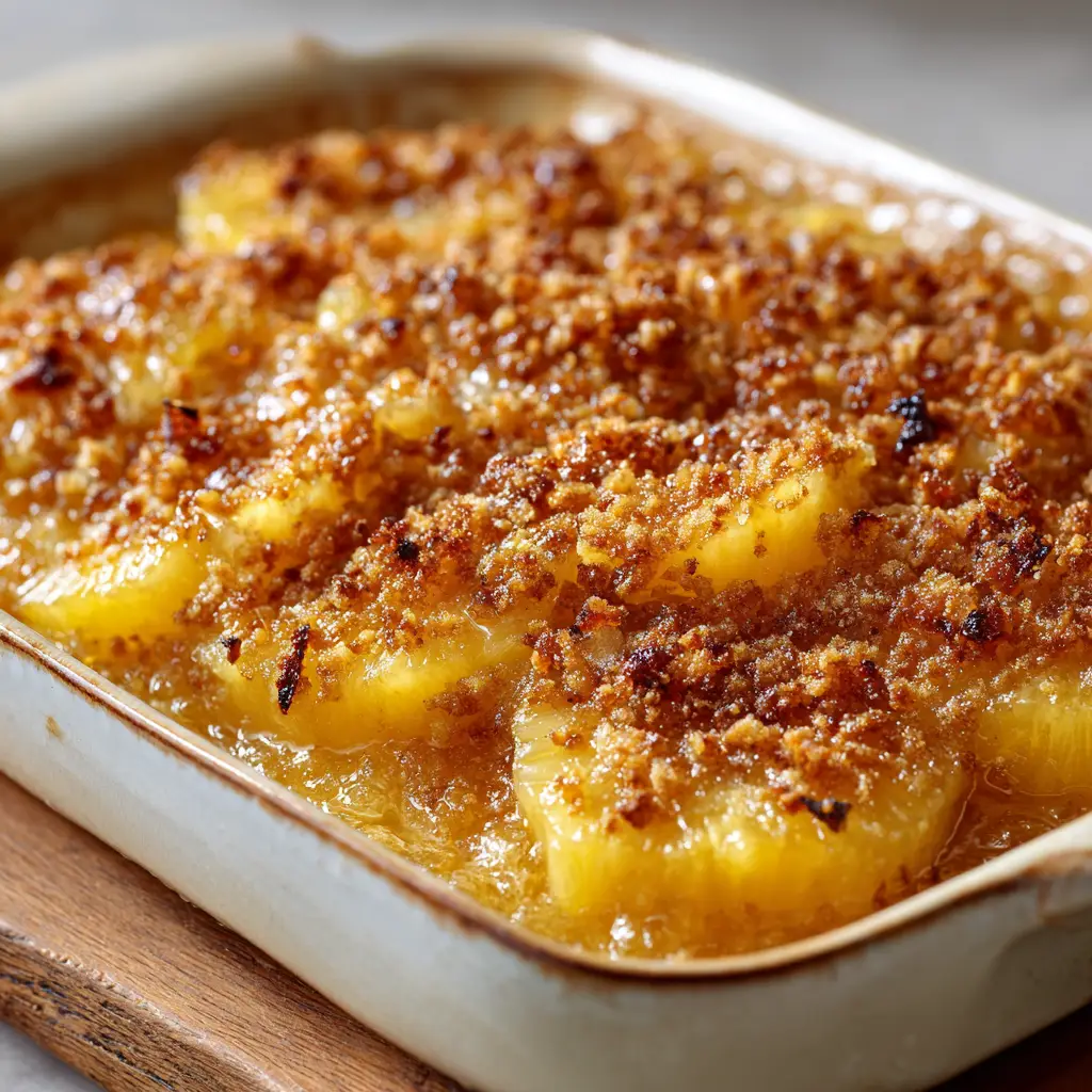 The Ultimate Sweet and Savory Pineapple Bake 2 Warm, bright yellow pineapple chunks glistening in a thick, bubbly translucent sweet glaze inside a rustic white ceramic dish.