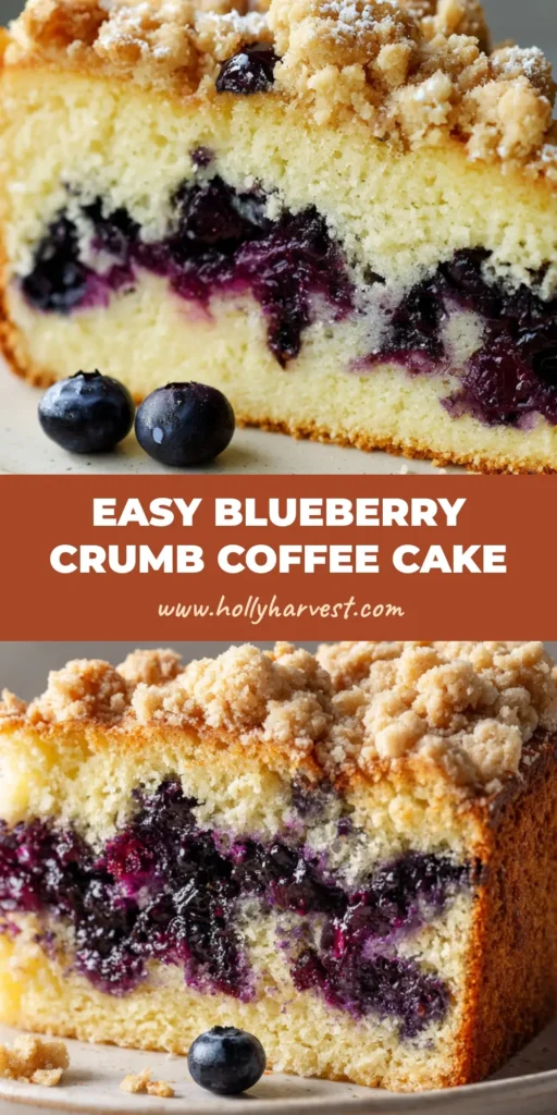 A thick slice of fresh blueberry coffee cake with a pale yellow crumb, blistered blueberries, and golden-brown chunky streusel on a white plate.