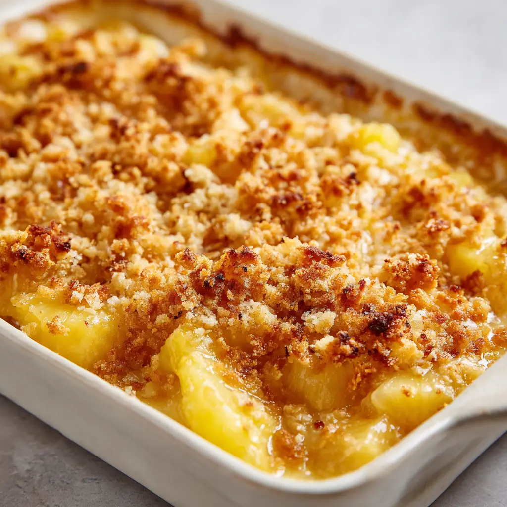 The Ultimate Sweet and Savory Pineapple Bake 1 Golden-brown buttery crushed cracker and cheddar cheese topping on a baked pineapple casserole with slight charring on the edges.