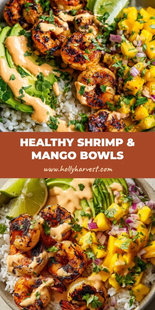 A close-up shot of Shrimp and Avocado Bowls with a base of white rice topped with char-grilled shrimp, a fanned sliced green avocado, and a colorful mango salsa.