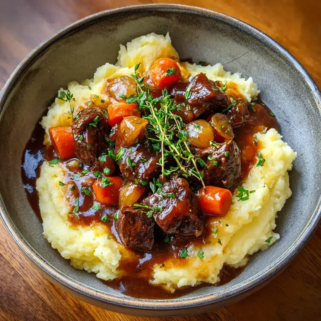 Thick, glossy brown apple cider beef stew bubbling in a heavy Dutch oven with translucent pearl onions and soft orange carrots.