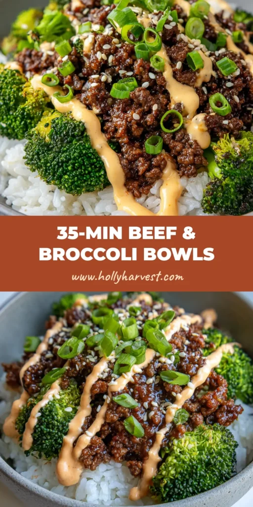 The Ultimate Ground Beef and Broccoli Bowl 3 A shallow matte ceramic bowl filled with fluffy steamed white rice, browned ground beef crumbles in a glossy dark glaze, and tender-crisp steamed broccoli florets. Garnished with a creamy spicy mayo drizzle, toasted sesame seeds, and chopped scallions.