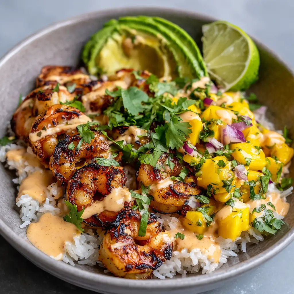 A shallow matte ceramic bowl containing fluffy white rice, char-grilled shrimp with dark sear marks, and drizzled with a thick creamy pale-orange lime-chili sauce.
