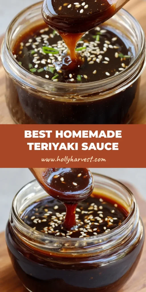 A clear glass mason jar filled with thick, glossy, dark mahogany-brown Homemade Teriyaki Sauce, topped with toasted sesame seeds.