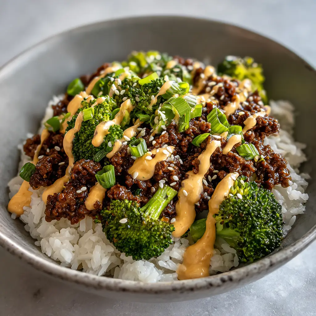 The Ultimate Ground Beef and Broccoli Bowl 2 Fresh ingredients for a Ground Beef and Broccoli Bowl including lean ground beef, bright green broccoli florets, and white rice.