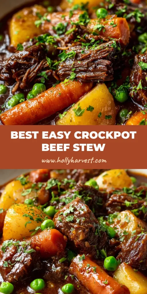 A rustic bowl of thick crockpot beef stew featuring slow-cooked tender beef chunks, bright orange carrots, yellow potatoes, and bright green peas topped with parsley.