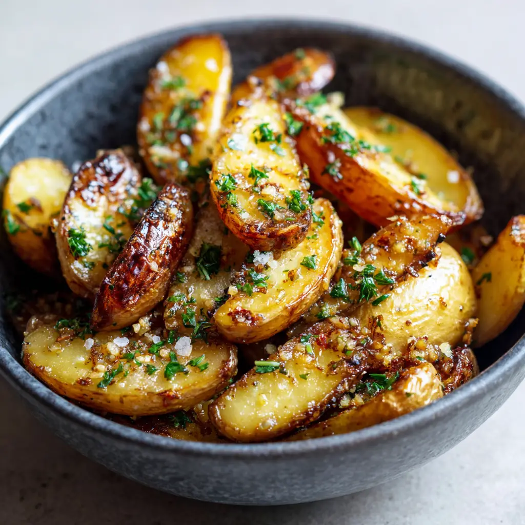 Golden brown Roasted Fingerling Potatoes with speckled roasted minced garlic and finely chopped fresh green parsley.