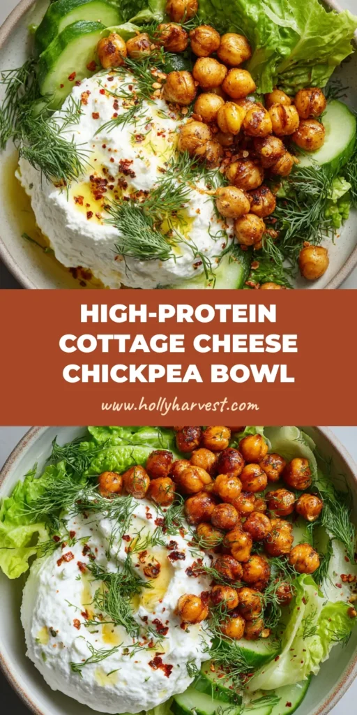 A rustic ceramic bowl filled with a healthy Cottage Cheese Chickpea Salad featuring thick cottage cheese, blistered chickpeas, raw cucumber, mixed greens, fresh herbs, and an olive oil drizzle.
