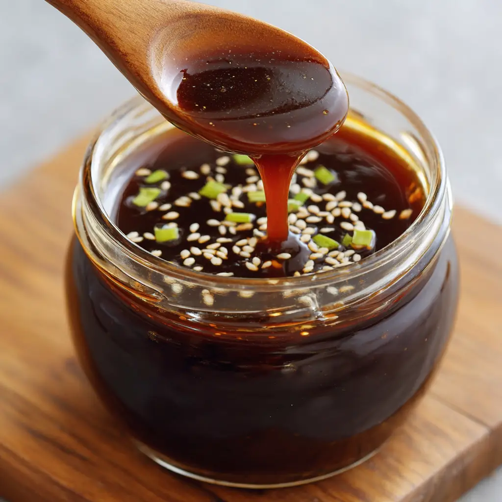 A wooden spoon lifting a thick ribbon of dark, syrupy Homemade Teriyaki Sauce out of a mason jar.
