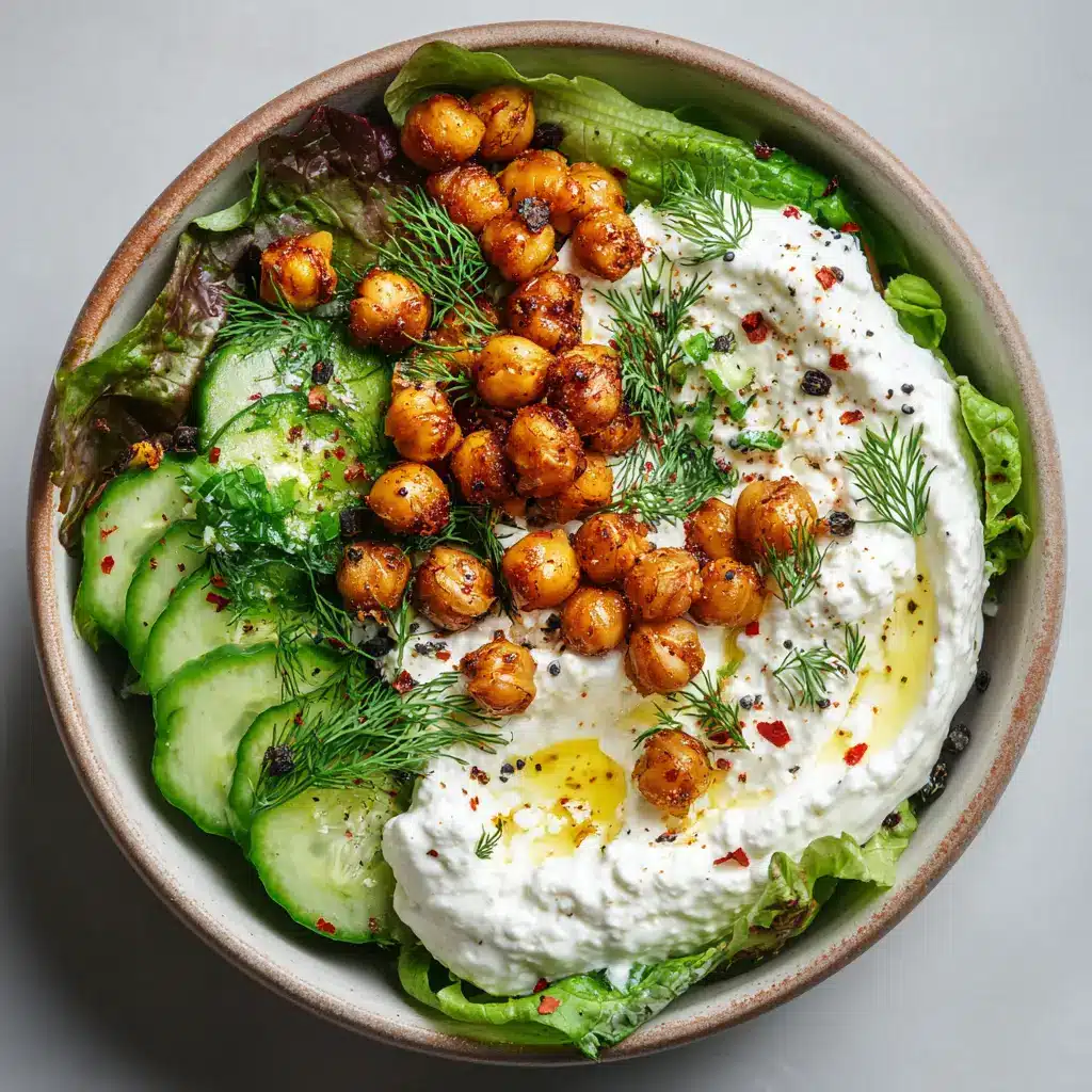 Overhead view of fresh ingredients for Cottage Cheese Chickpea Salad, showing thick creamy cottage cheese, fresh cucumbers, leafy greens, and golden roasted chickpeas.