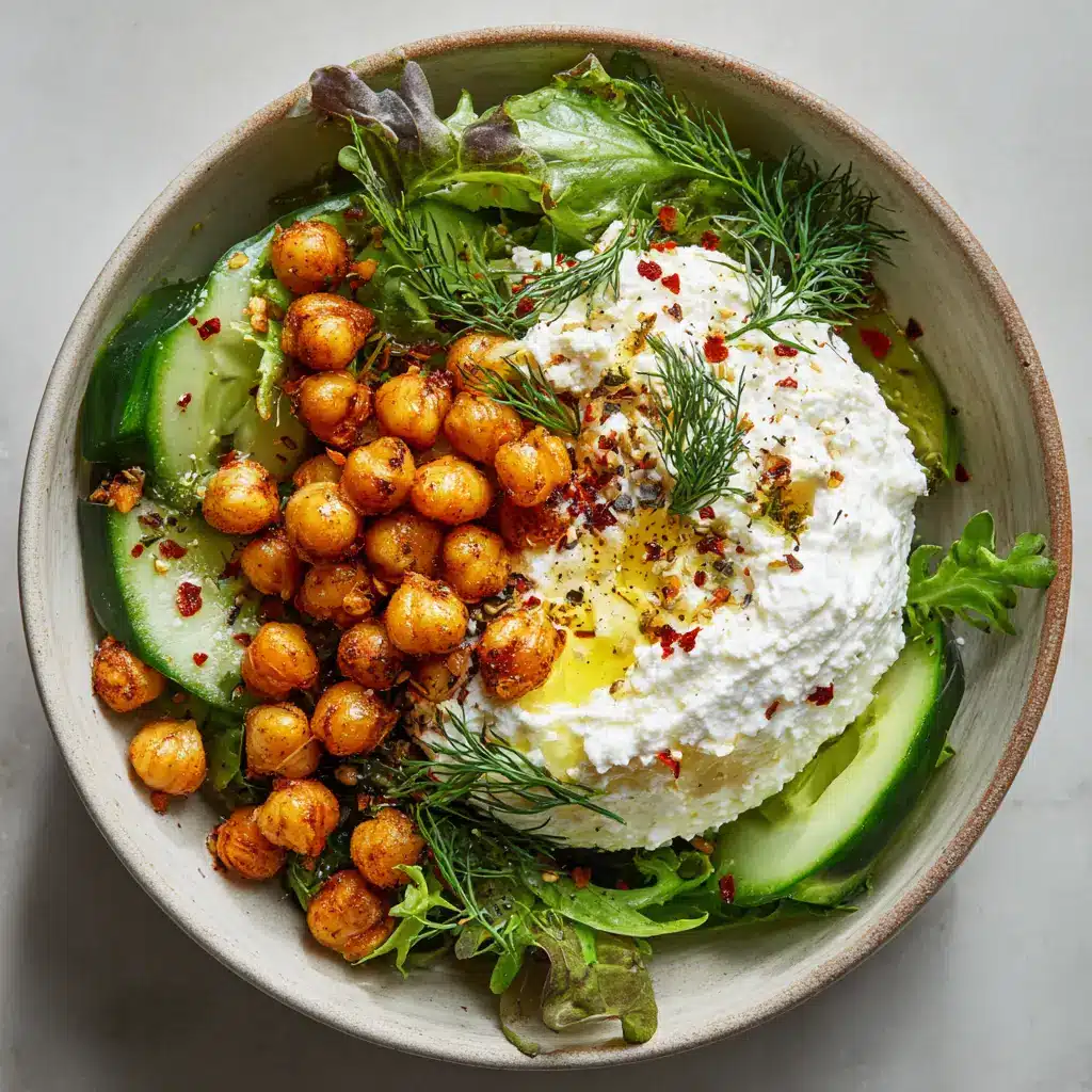Close up of golden-brown roasted chickpeas slightly blistered next to thick creamy white cottage cheese and green cucumbers.