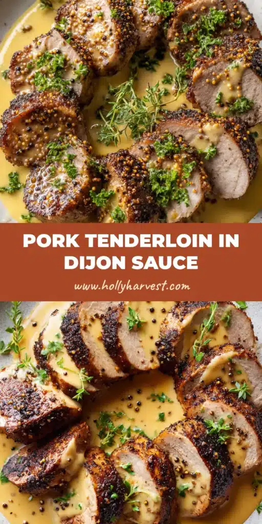 Top-down view of thick sliced pan-seared pork tenderloin medallions with a golden-brown crust, coated in a pale-yellow creamy Dijon mustard sauce on a white ceramic plate. (Pork Tenderloin Dijon Mustard Sauce)