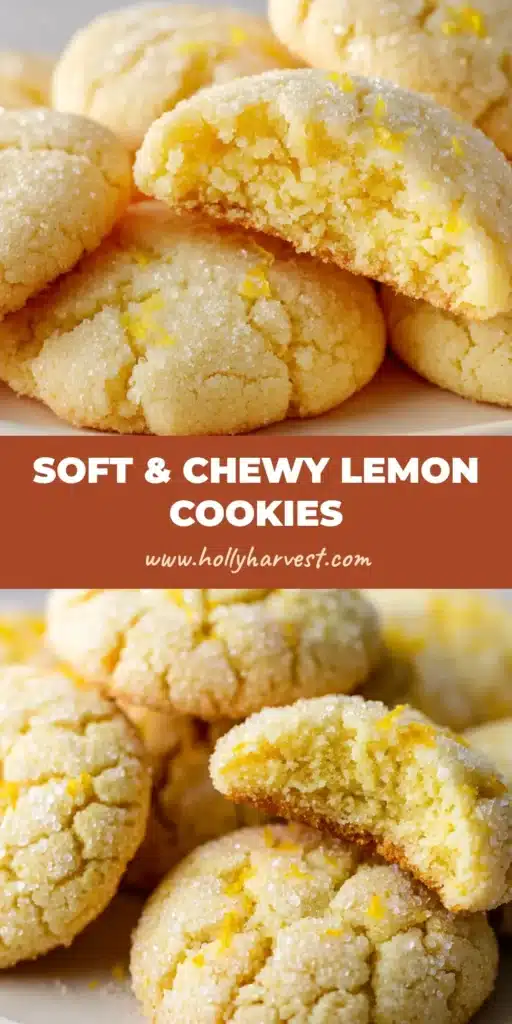 Close up photo of perfectly baked Lemon Sugar Cookies resting on a white plate, showing a deeply crackled top surface and sparkling sugar.