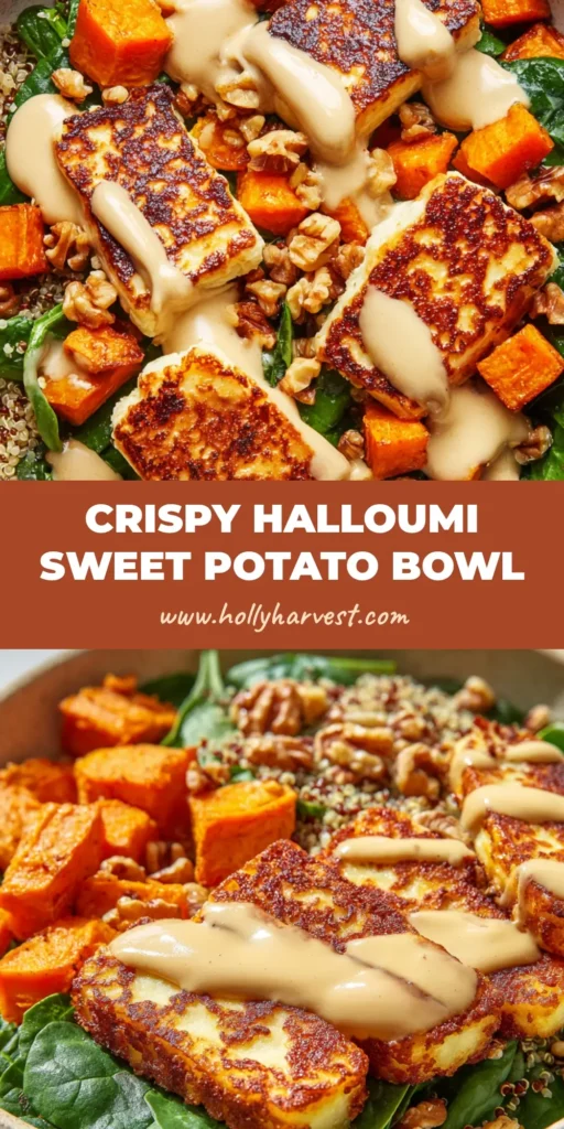 The Ultimate Halloumi Sweet Potato Bowl Recipe 3 A top-down view of a vibrant Halloumi Sweet Potato Bowl with fluffy quinoa, fresh spinach, pan-seared halloumi, roasted sweet potatoes, tahini drizzle, and toasted walnuts.