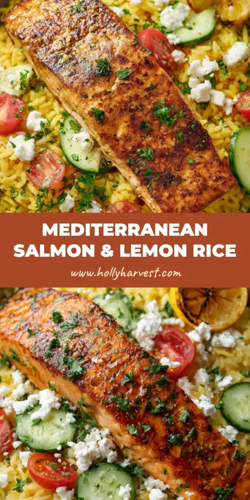 A shallow matte ceramic bowl containing Mediterranean Salmon with a golden-brown pan-seared crust, fluffy yellow lemon rice, cherry tomatoes, cucumbers, and crumbled feta cheese.