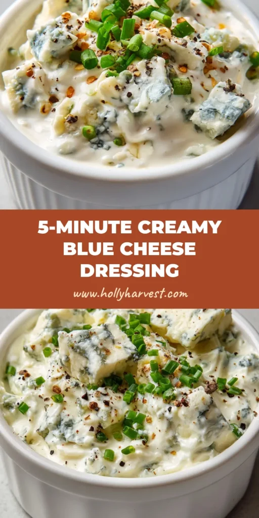 A close-up of thick, creamy Homemade Blue Cheese Dressing in a white ramekin garnished with chunky blue cheese, black pepper, and fresh green chives.