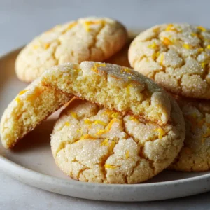 A split open Lemon Sugar Cookie showing a dense, moist, and soft interior crumb on a smooth white ceramic plate under soft natural light.