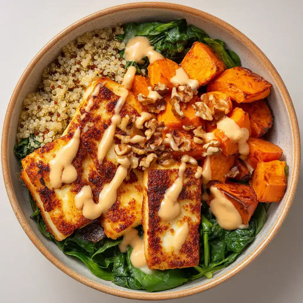 The Ultimate Halloumi Sweet Potato Bowl Recipe 2 Close-up of fresh ingredients for the Halloumi Sweet Potato Bowl including raw cubed sweet potatoes, halloumi cheese block, quinoa, and tahini.